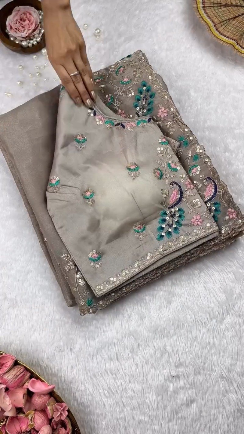 Morpankh Morni Embroidered Tissue Silk Saree Set – Grey Sophistication