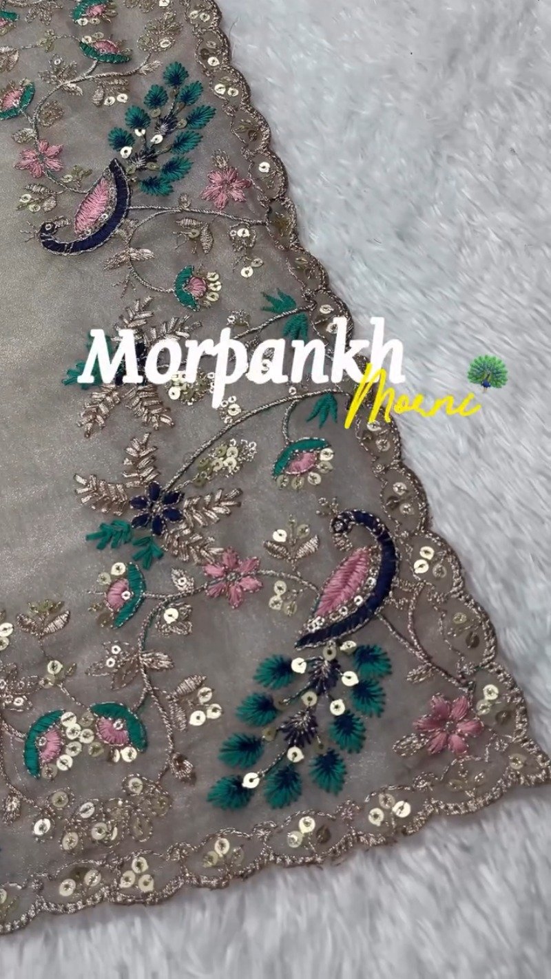 Morpankh Morni Embroidered Tissue Silk Saree Set – Grey Sophistication - Image 5