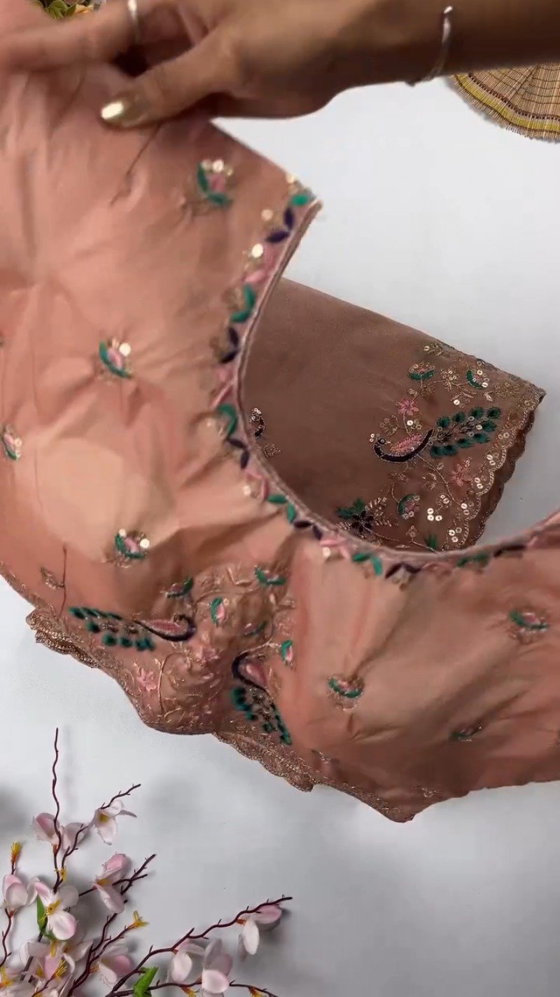 Opulent Peacock-Motif Embroidered Saree Set with Contrast Sequin Detailing β Available in Champagne, Moss Green, Mauve, and Dusty Peach - Image 6