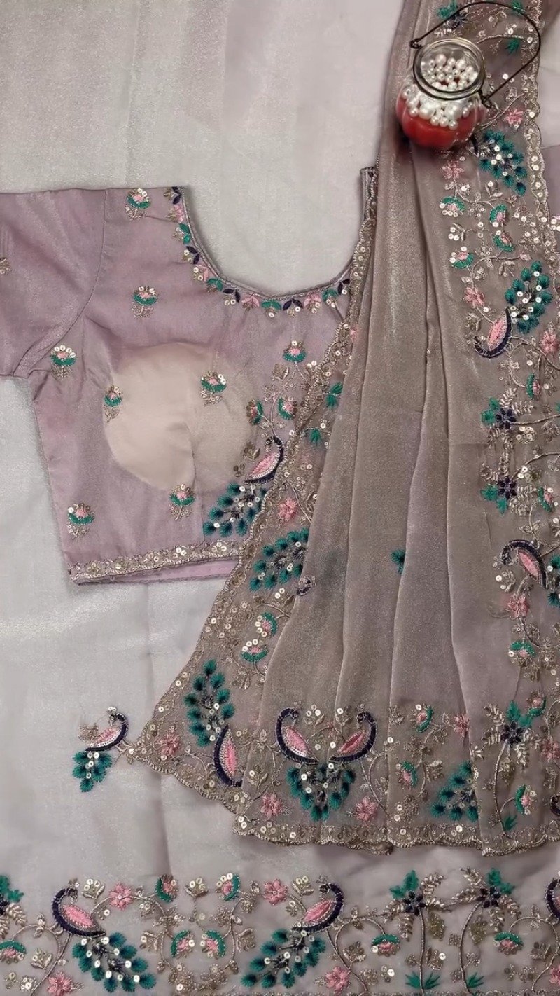 Opulent Peacock-Motif Embroidered Saree Set with Contrast Sequin Detailing β Available in Champagne, Moss Green, Mauve, and Dusty Peach - Image 9
