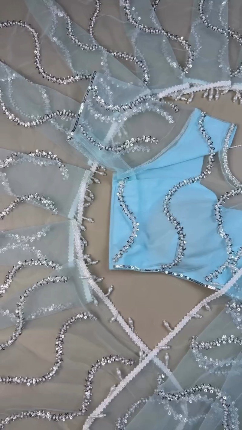 Ethereal Sky Blue Sequin-Embellished Organza Saree Set with Pearl Trims