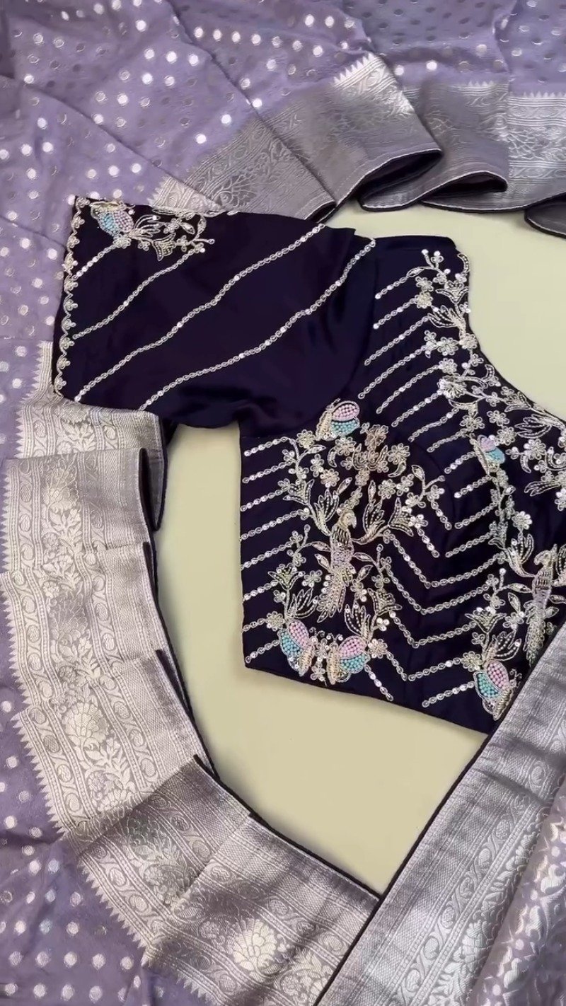 Opulent Lilac & Midnight Blue Handcrafted Silk Saree Set โ Available in Lilac & Midnight Blue