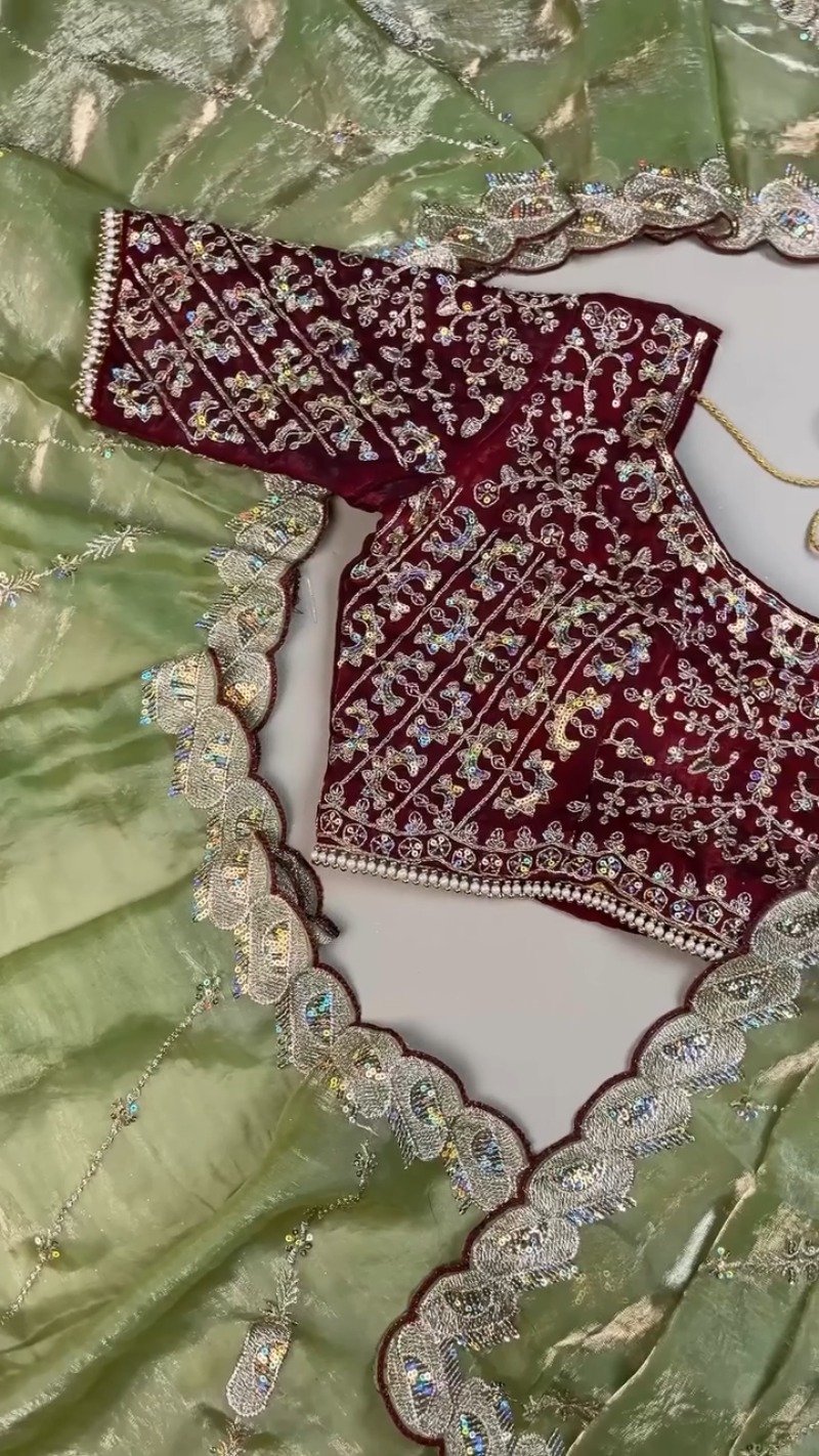 Sage Green and Maroon Contrast Embroidered Saree Set β Available in Sage Green & Maroon