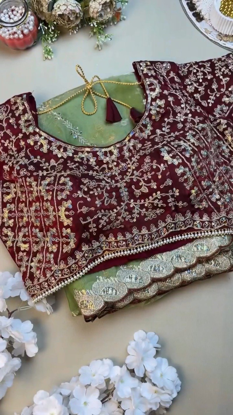 Sage Green and Maroon Contrast Embroidered Saree Set β Available in Sage Green & Maroon - Image 3
