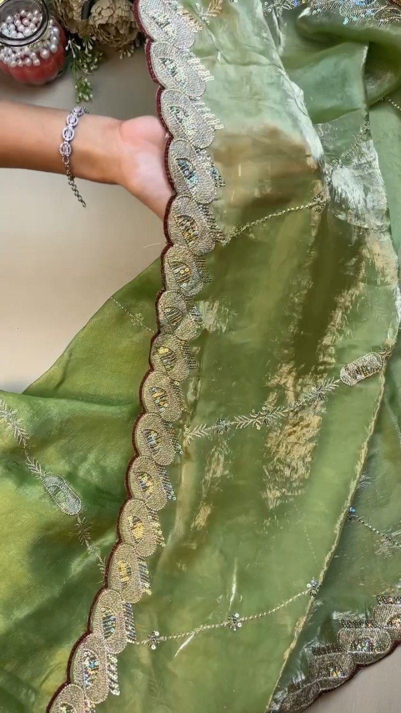 Sage Green and Maroon Contrast Embroidered Saree Set β Available in Sage Green & Maroon - Image 4