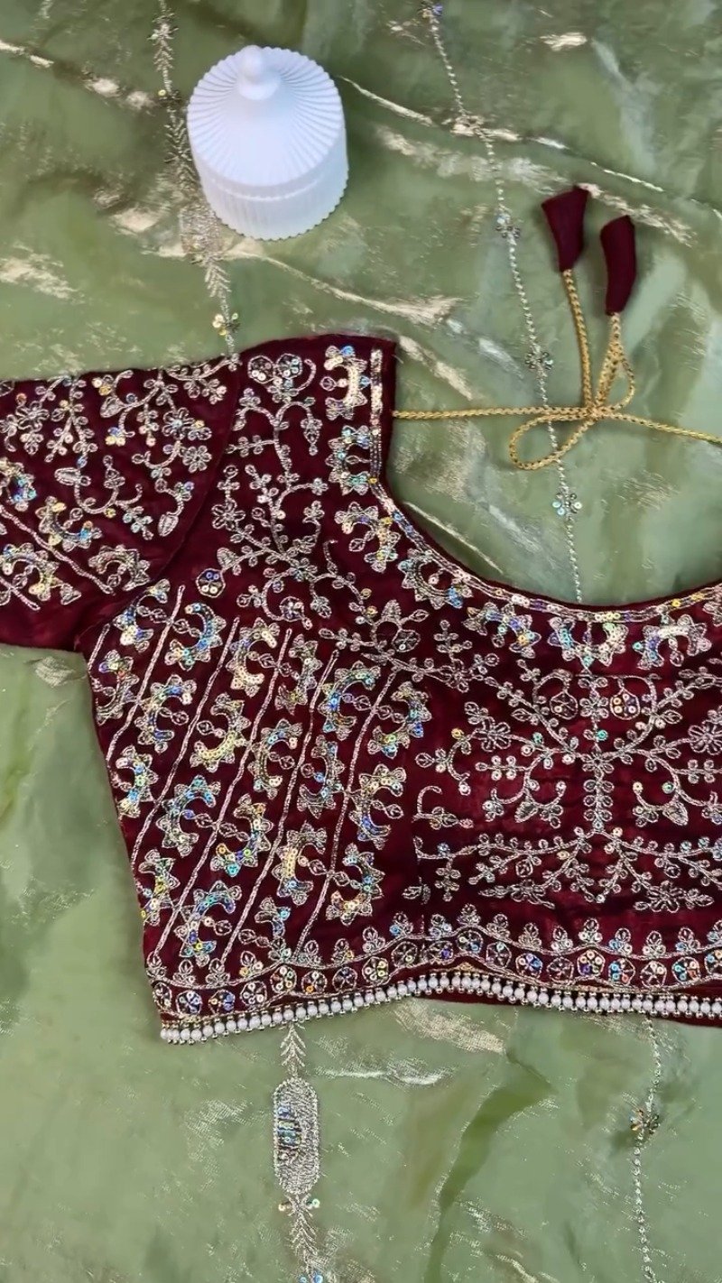 Sage Green and Maroon Contrast Embroidered Saree Set β Available in Sage Green & Maroon - Image 6