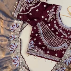 Royal Maroon & Slate Grey Embroidered Saree Set – Available in Maroon & Slate Grey