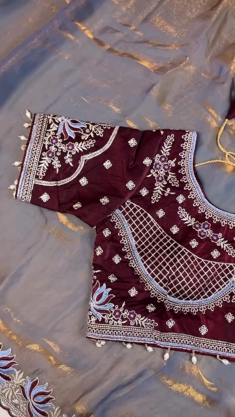 Royal Maroon & Slate Grey Embroidered Saree Set β Available in Maroon & Slate Grey - Image 7