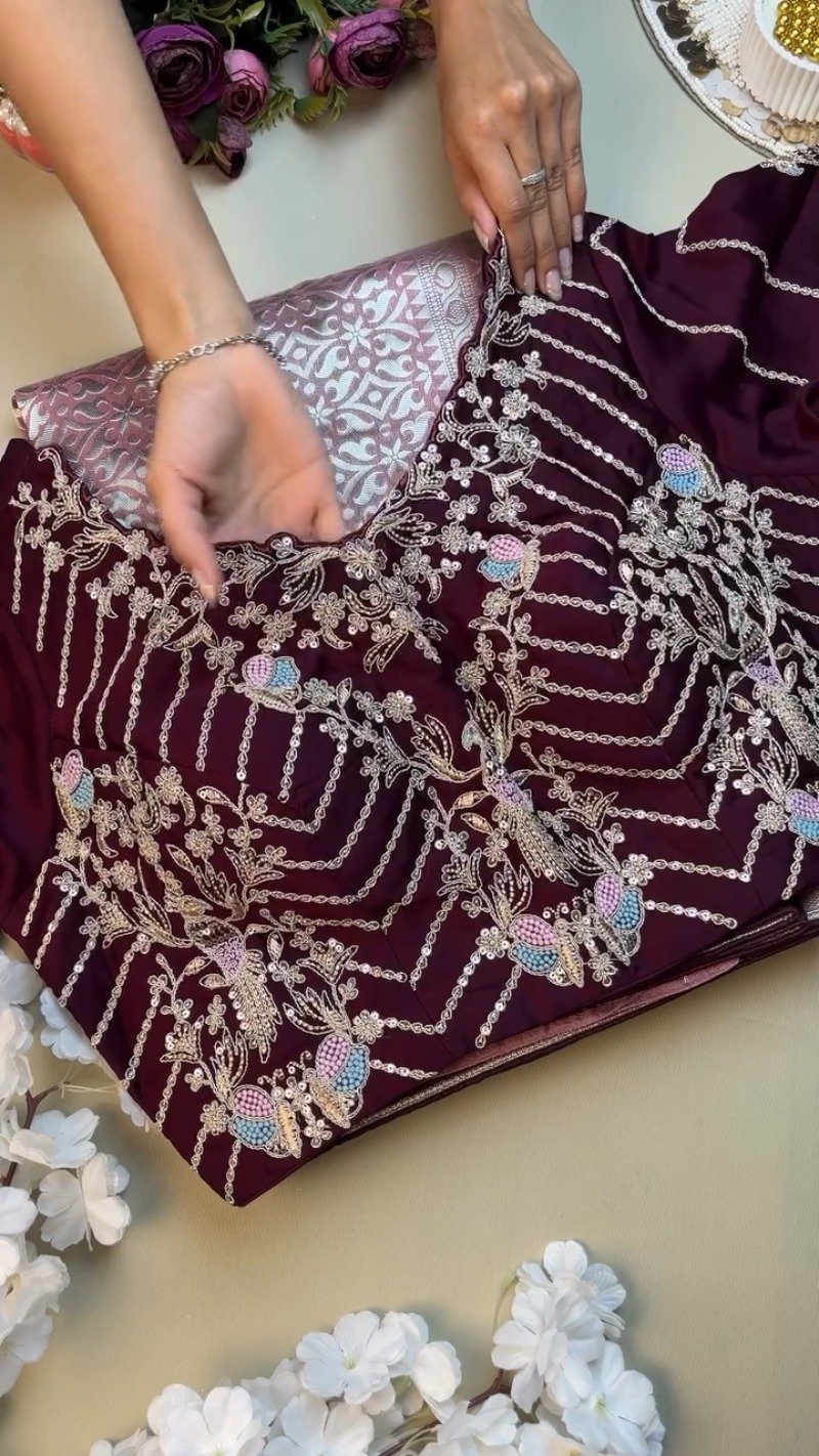 Regal Plum Zari-Woven Banarasi Saree with Hand-Embroidered Sequin Blouse - Image 2