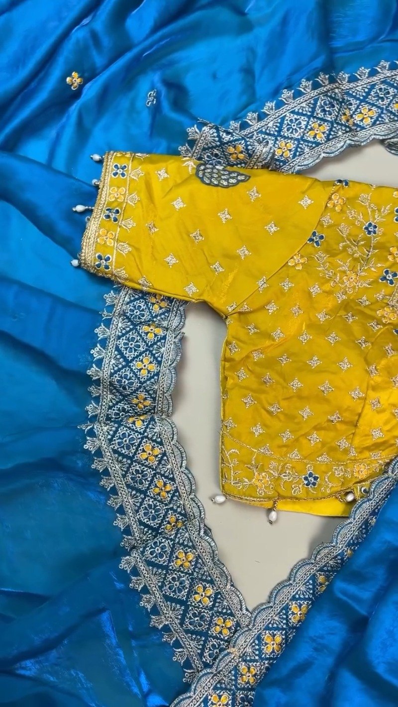 Royal Peacock Embroidered Silk Saree and Blouse Set โ Available in Vibrant Yellow & Deep Blue