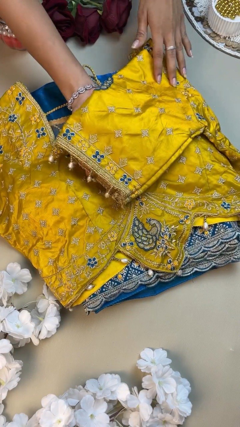 Royal Peacock Embroidered Silk Saree and Blouse Set โ Available in Vibrant Yellow & Deep Blue - Image 2