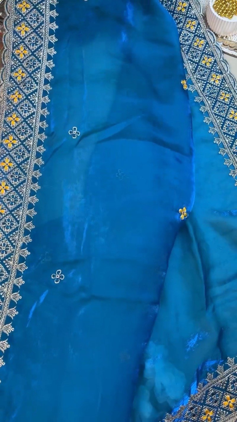 Royal Peacock Embroidered Silk Saree and Blouse Set โ Available in Vibrant Yellow & Deep Blue - Image 3