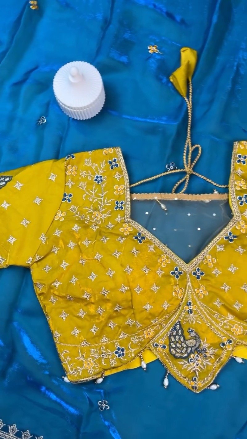 Royal Peacock Embroidered Silk Saree and Blouse Set โ Available in Vibrant Yellow & Deep Blue - Image 4