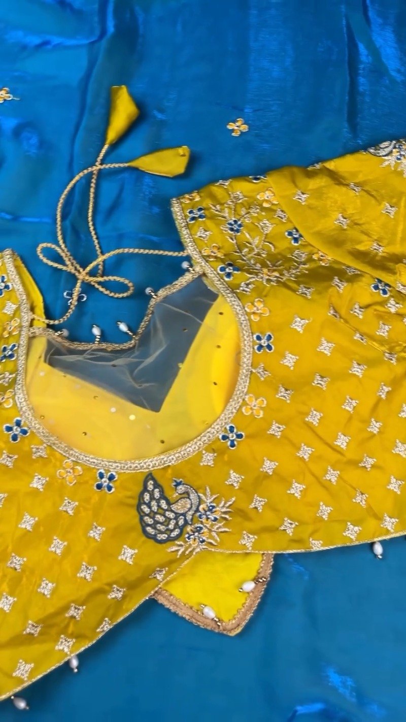 Royal Peacock Embroidered Silk Saree and Blouse Set โ Available in Vibrant Yellow & Deep Blue - Image 5