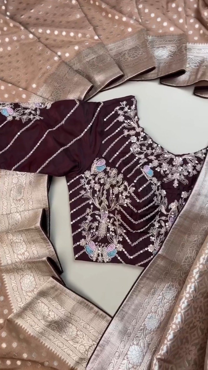 Opulent Wine & Champagne Banarasi Silk Saree Set – Available in Wine & Champagne