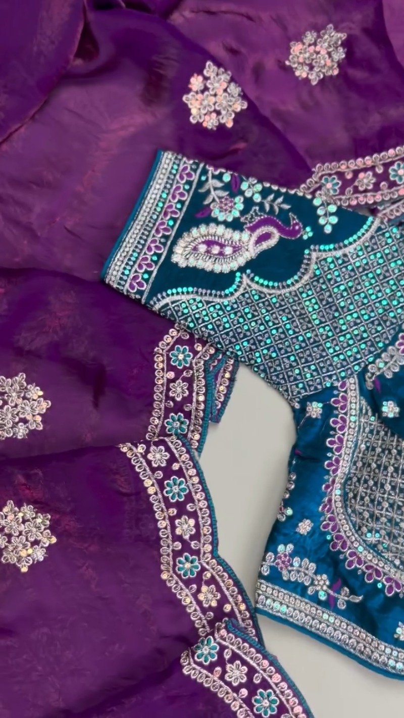 Regal Peacock Teal Blouse with Shimmering Purple Saree โ Available in Peacock Teal & Royal Purple