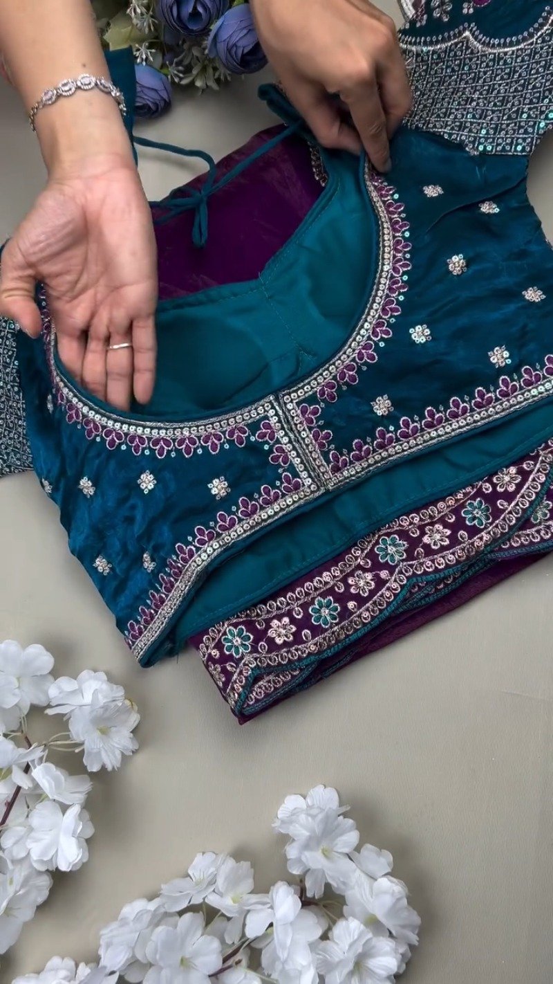 Regal Peacock Teal Blouse with Shimmering Purple Saree โ Available in Peacock Teal & Royal Purple - Image 3