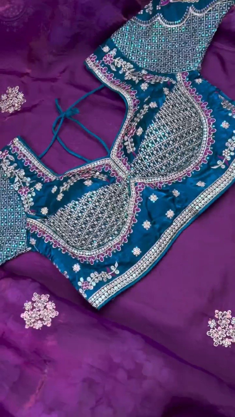 Regal Peacock Teal Blouse with Shimmering Purple Saree โ Available in Peacock Teal & Royal Purple - Image 5