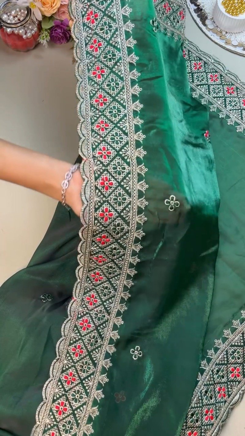 Regal Emerald Green Saree with Embroidered Red Blouse – Available in Green & Red - Image 4