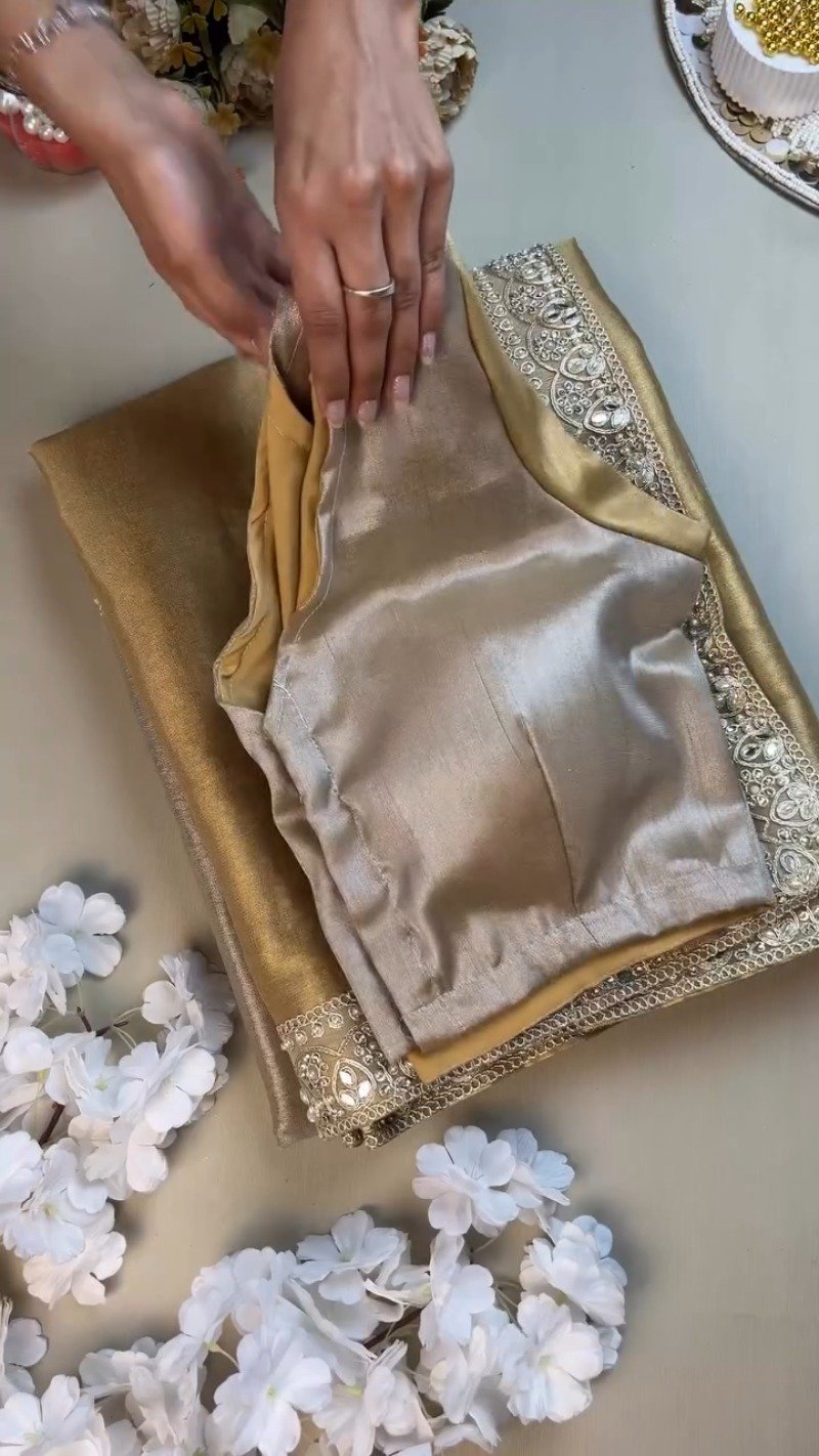 Opulent Gilded Silk & Metallic Shimmer Ethnic Ensemble β Available in Gold & Silver-Gold - Image 2