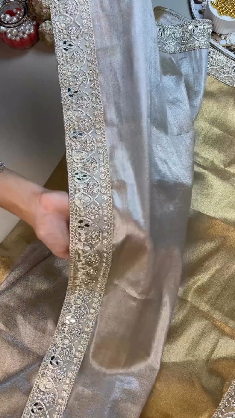 Opulent Gilded Silk & Metallic Shimmer Ethnic Ensemble β Available in Gold & Silver-Gold - Image 3