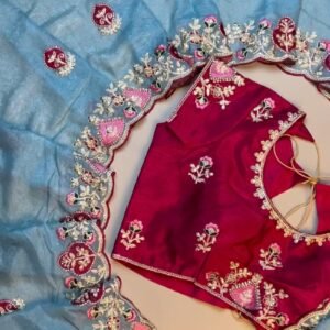 Celestial Azure Silk Saree with Intricate Velvet-Accented Embroidery – Paired with Deep Magenta Blouse