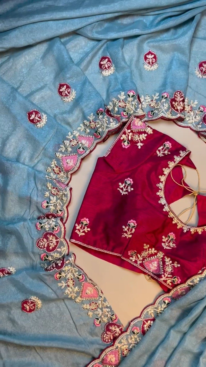 Celestial Azure Silk Saree with Intricate Velvet-Accented Embroidery β Paired with Deep Magenta Blouse
