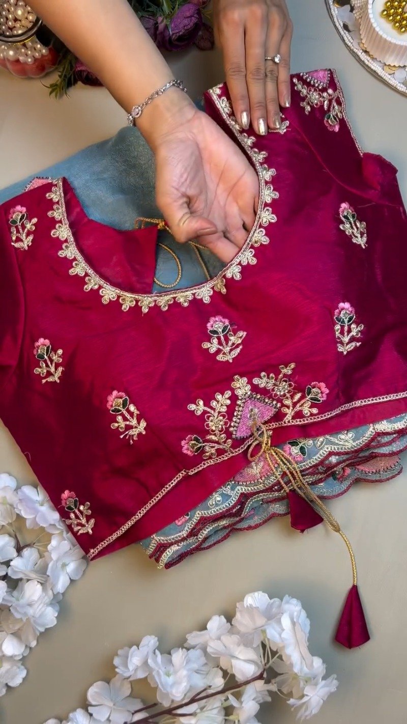 Celestial Azure Silk Saree with Intricate Velvet-Accented Embroidery β Paired with Deep Magenta Blouse - Image 2