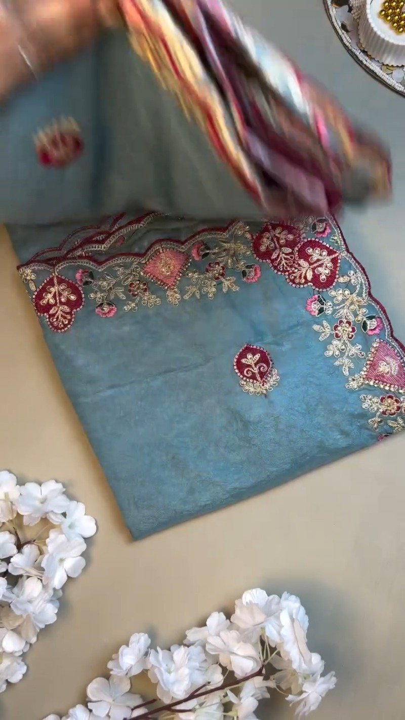 Celestial Azure Silk Saree with Intricate Velvet-Accented Embroidery β Paired with Deep Magenta Blouse - Image 3