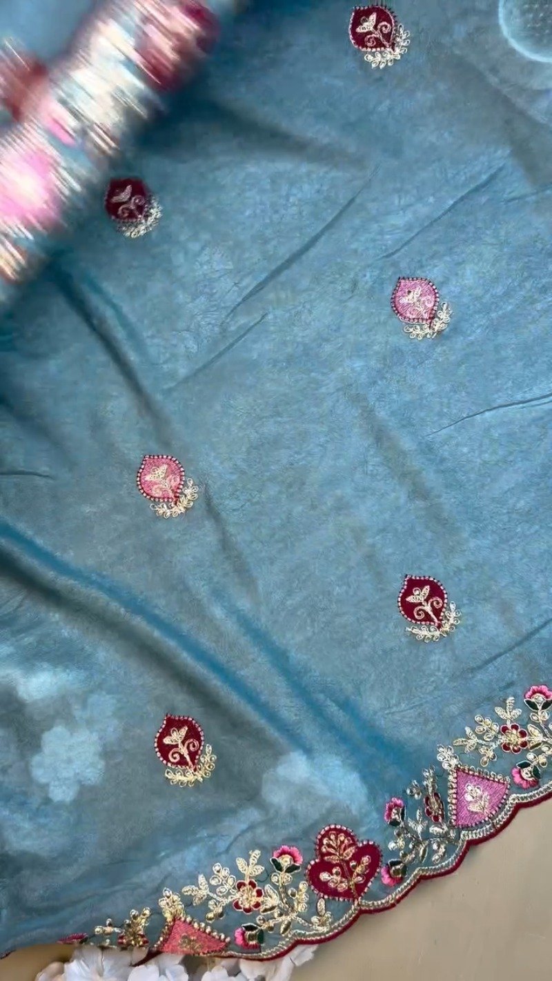 Celestial Azure Silk Saree with Intricate Velvet-Accented Embroidery β Paired with Deep Magenta Blouse - Image 4