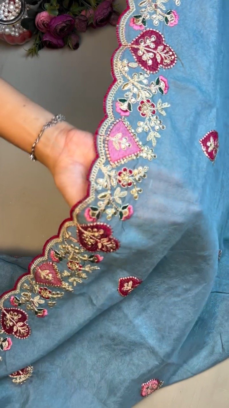 Celestial Azure Silk Saree with Intricate Velvet-Accented Embroidery β Paired with Deep Magenta Blouse - Image 5