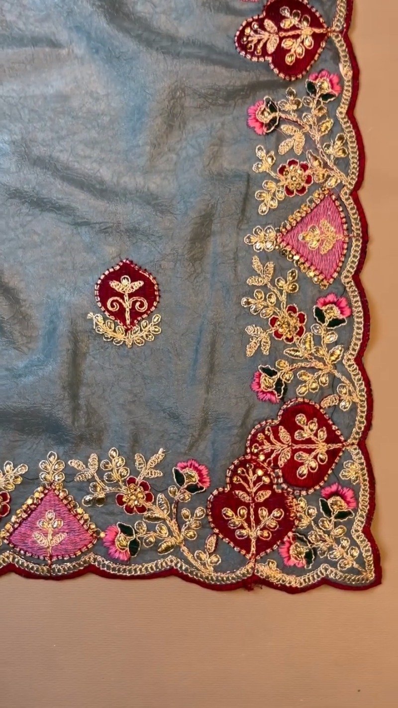 Celestial Azure Silk Saree with Intricate Velvet-Accented Embroidery β Paired with Deep Magenta Blouse - Image 6