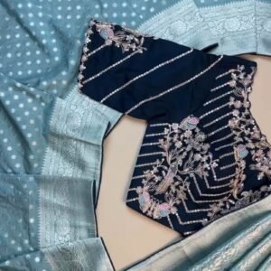 Ethereal Sky Blue Banarasi Silk Saree with Hand-Embroidered Midnight Blue Blouse