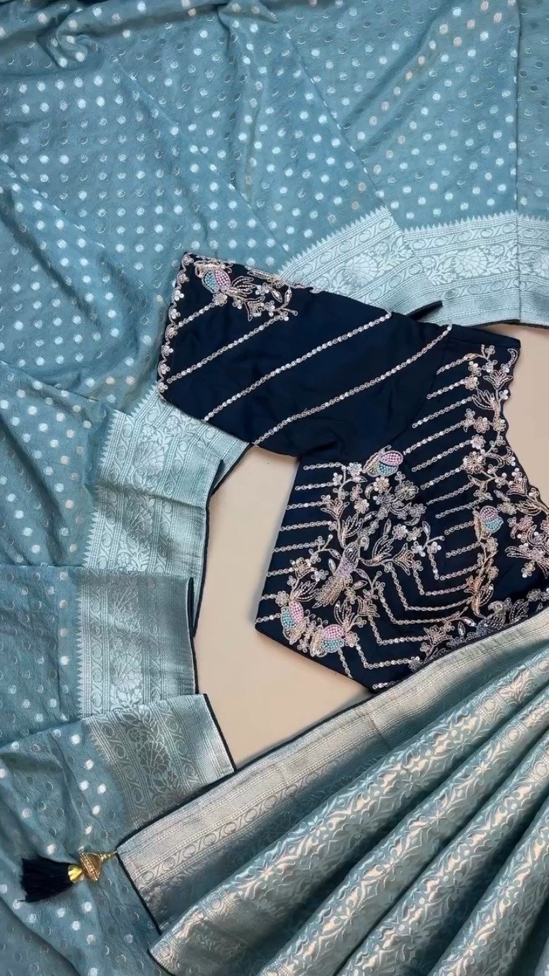 Ethereal Sky Blue Banarasi Silk Saree with Hand-Embroidered Midnight Blue Blouse