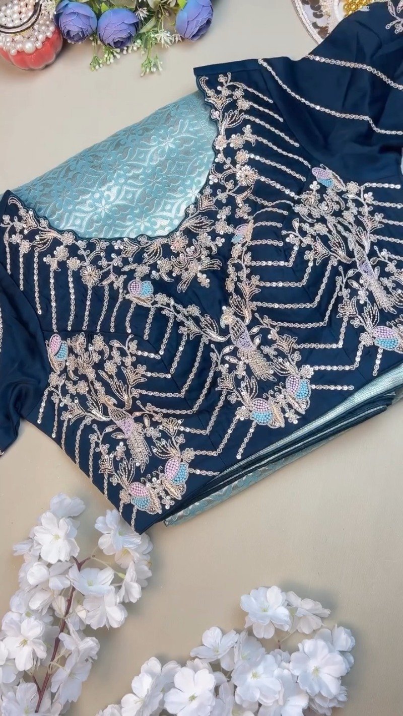 Ethereal Sky Blue Banarasi Silk Saree with Hand-Embroidered Midnight Blue Blouse - Image 2