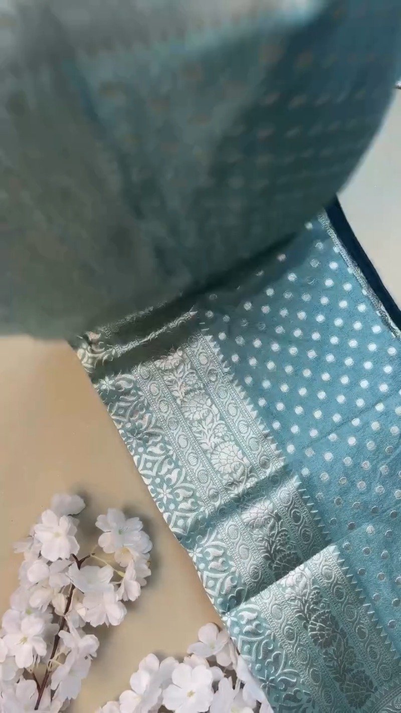Ethereal Sky Blue Banarasi Silk Saree with Hand-Embroidered Midnight Blue Blouse - Image 3
