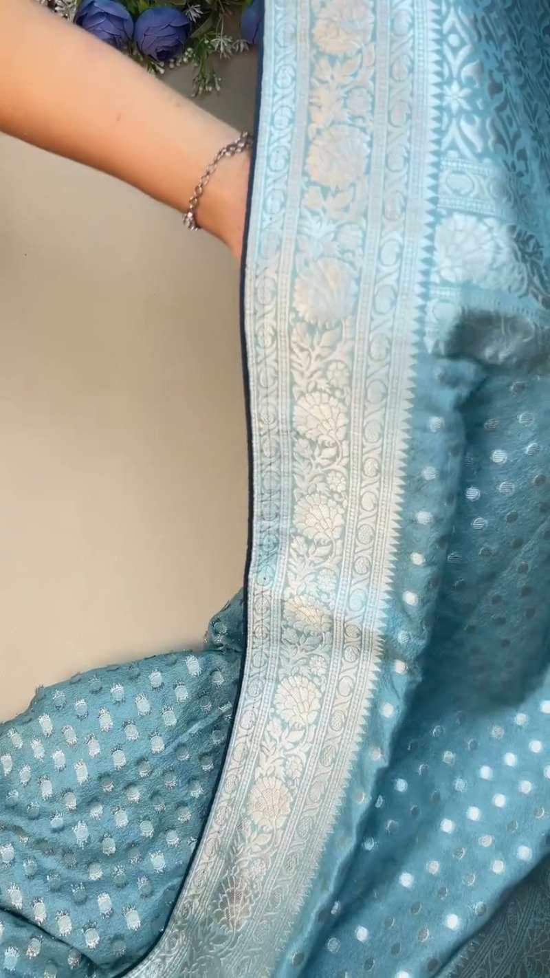 Ethereal Sky Blue Banarasi Silk Saree with Hand-Embroidered Midnight Blue Blouse - Image 4
