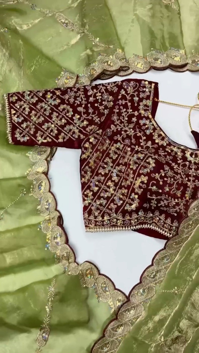 Opulent Scalloped Border Embellished Saree with Embroidered Blouse – Available in Sage Green & Rust Orange