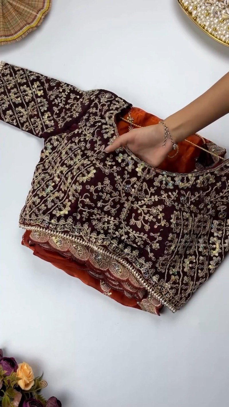 Opulent Scalloped Border Embellished Saree with Embroidered Blouse – Available in Sage Green & Rust Orange - Image 3