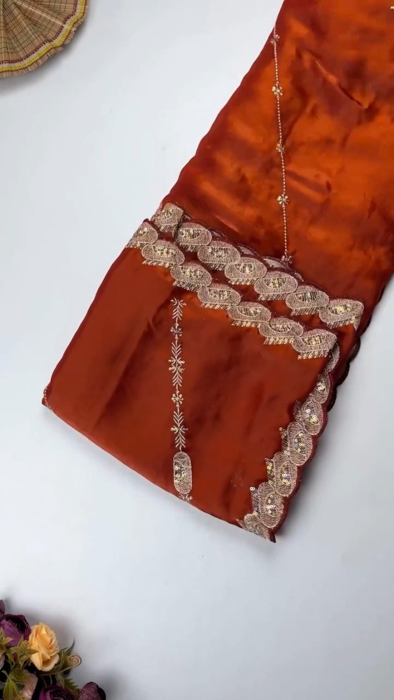 Opulent Scalloped Border Embellished Saree with Embroidered Blouse – Available in Sage Green & Rust Orange - Image 4