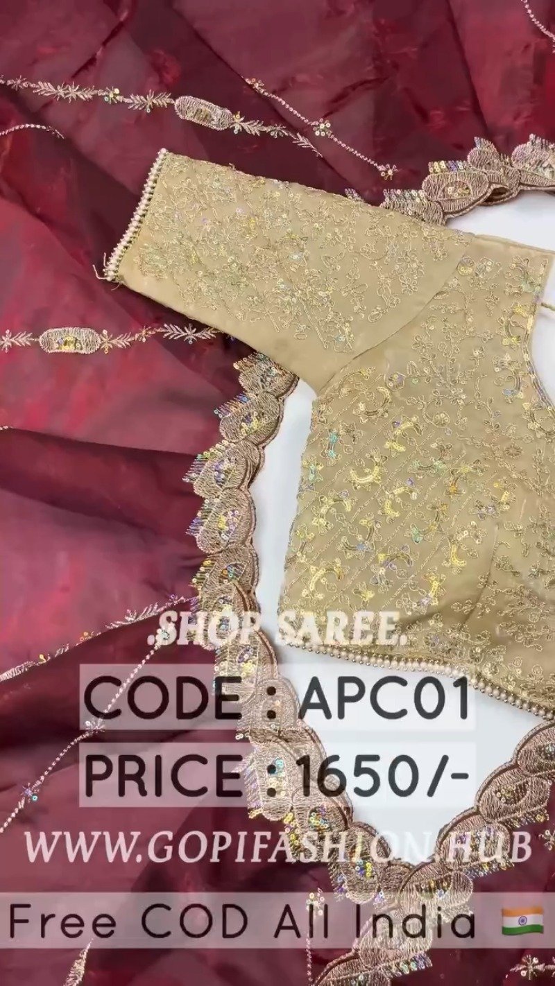 Opulent Scalloped Border Embellished Saree with Embroidered Blouse – Available in Sage Green & Rust Orange - Image 5