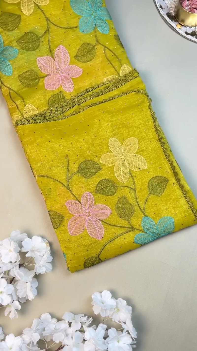 Radiant Lime Green Floral Embroidered Organza Saree Set - Image 2