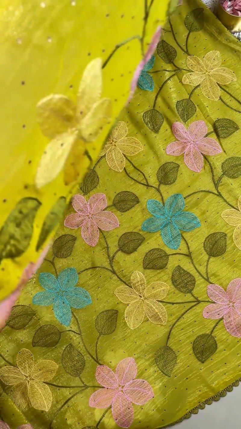 Radiant Lime Green Floral Embroidered Organza Saree Set - Image 3