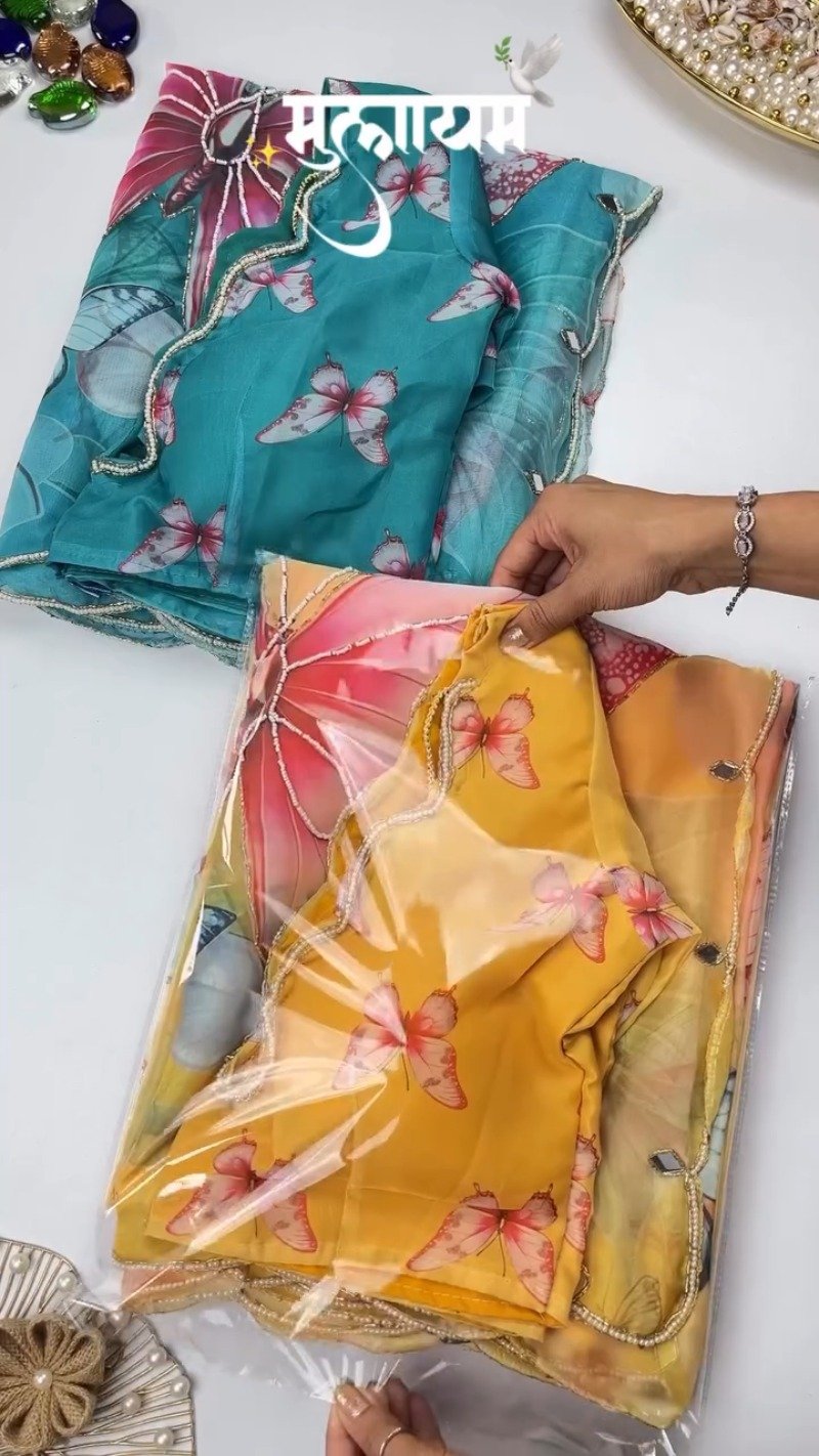 Ethereal Butterfly Embellished Organza Saree β Available in Teal & Mustard Yellow