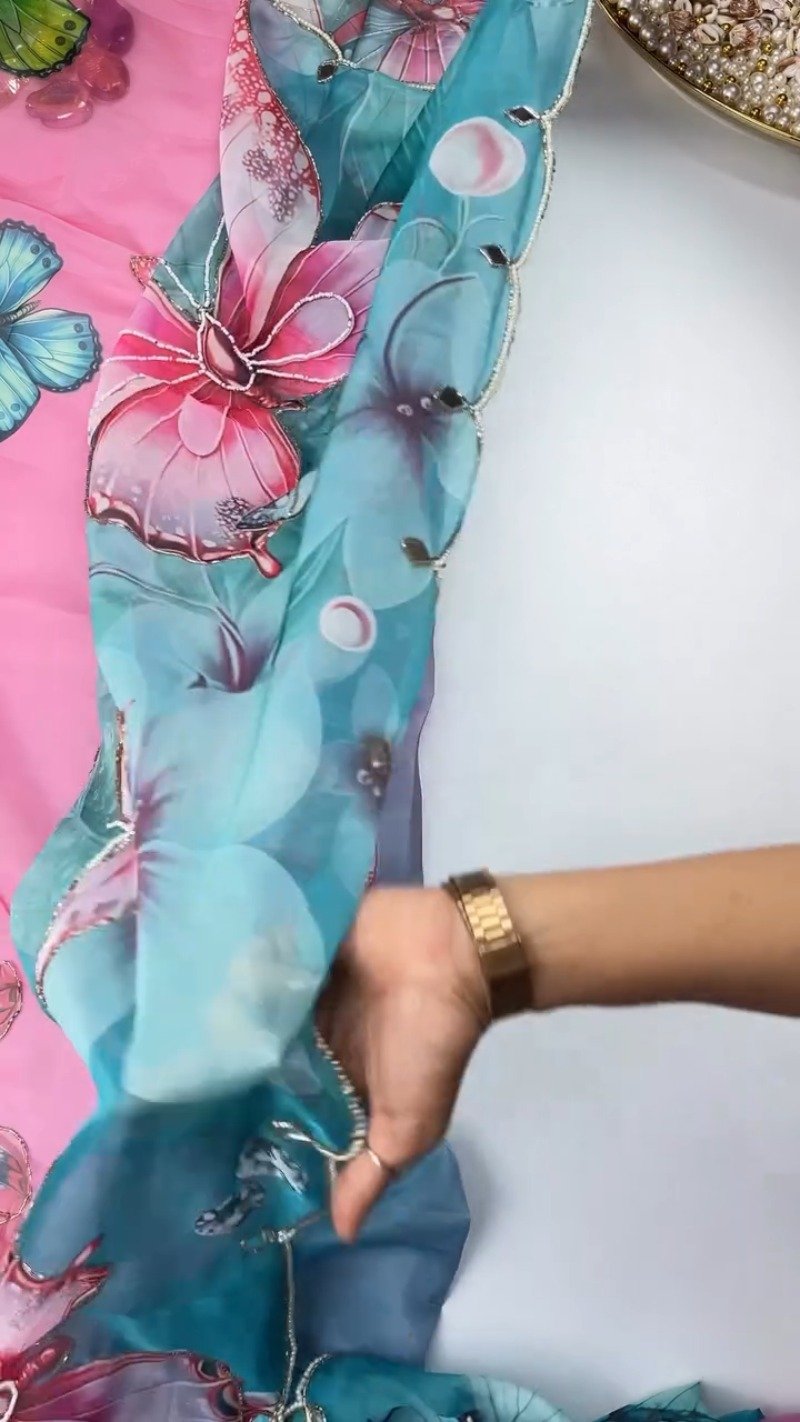 Ethereal Butterfly Embellished Organza Saree β Available in Teal & Mustard Yellow - Image 4