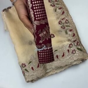 Opulent Ivory & Maroon Floral Embroidered Organza Saree – Available in Classic Ivory & Rich Maroon