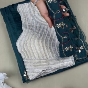 Midnight Teal & Pearl Embellished Organza Saree Ensemble