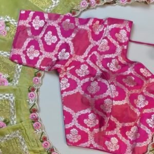 Lime Green Silk Floral Embroidered Saree with Fuschia Pink Brocade Blouse