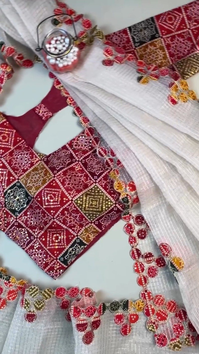 Timeless Bandhani Elegance: White Handloom Saree with Deep Maroon Blouse – Available in One Colour Variant