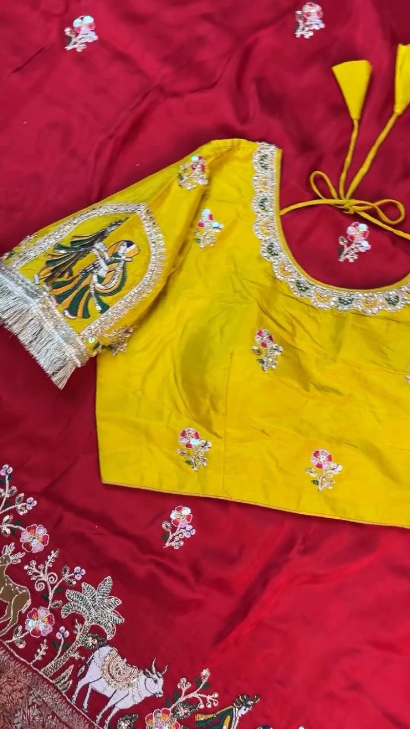 Krishna Motif Embellished Raw Silk Saree Ensemble β Available in Yellow & Red